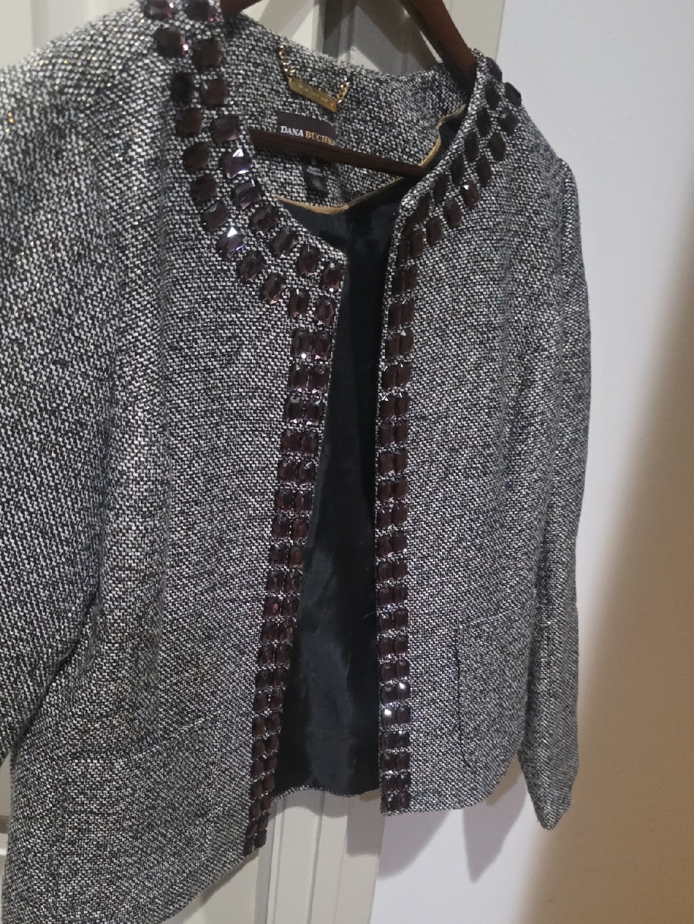 Dana Buchman Gray Tweed Open-Front Jacket with Dark Embellished Trim